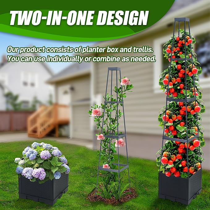 2 Packs Raised Garden Bed Tomato Planter Box with Trellis56.8 Self-Watering Tomato Cage with Trapezoidal Trellis for Climbing Plants Flowers Vegetables Vine in Patio Garden Indoor Outdoor