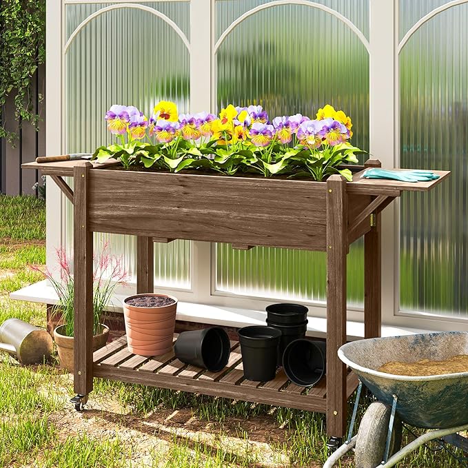 Durable Wood Raised Garden Bed with Lockable Casters Side Platforms Lower Shelf Full Drainage Holes Carbonized Surface