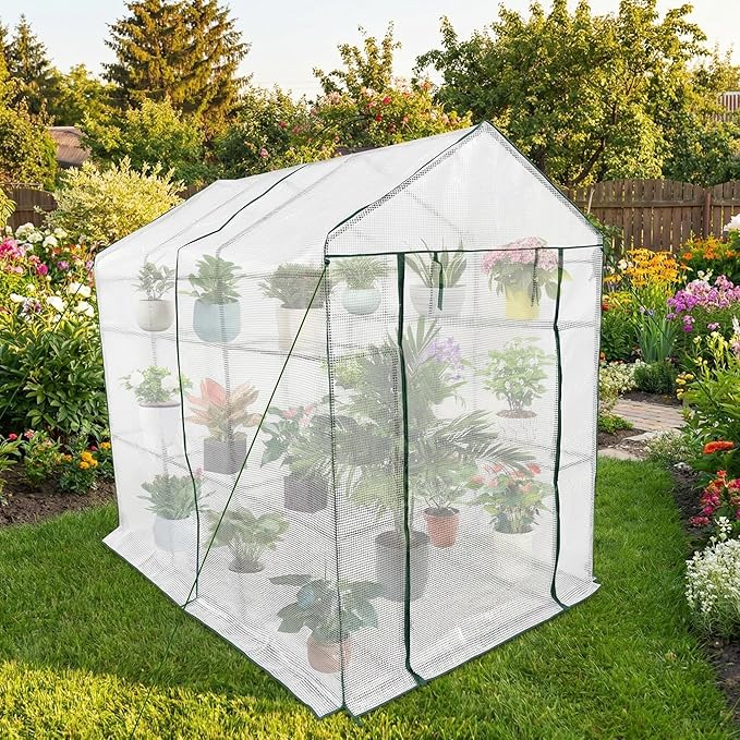 Walk-in Greenhouse for Outdoors Small Green House Outdoor with 3-Tier Shelves Roll-Up Zippered Door &amp Mesh Window All-Season Plant House for Vegetables Herbs Flowers for Patio Backyard Gardenin