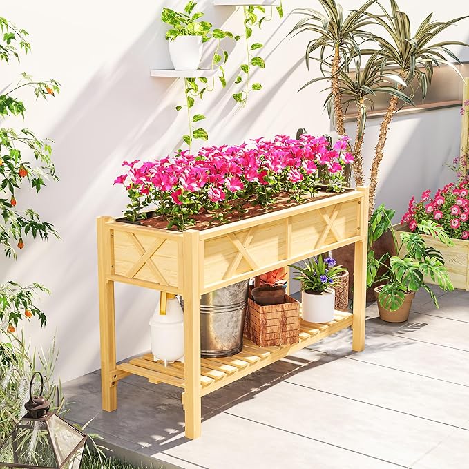 Outsunny Raised Garden Bed Elevated Wood Planter Box with Storage Shelf Drainage Holes and Liner for Backyard Patio Balcony 47 x 22 x 31.5 in Natural