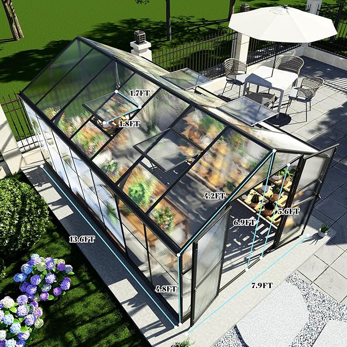 AMERLIFE 8x14x7FT Polycarbonate Greenhouse Walk in Greenhouse with Quick-Connect System Green House with 4 Vent Windows and Swing Door Greenhouses for Outdoors Glossy Black