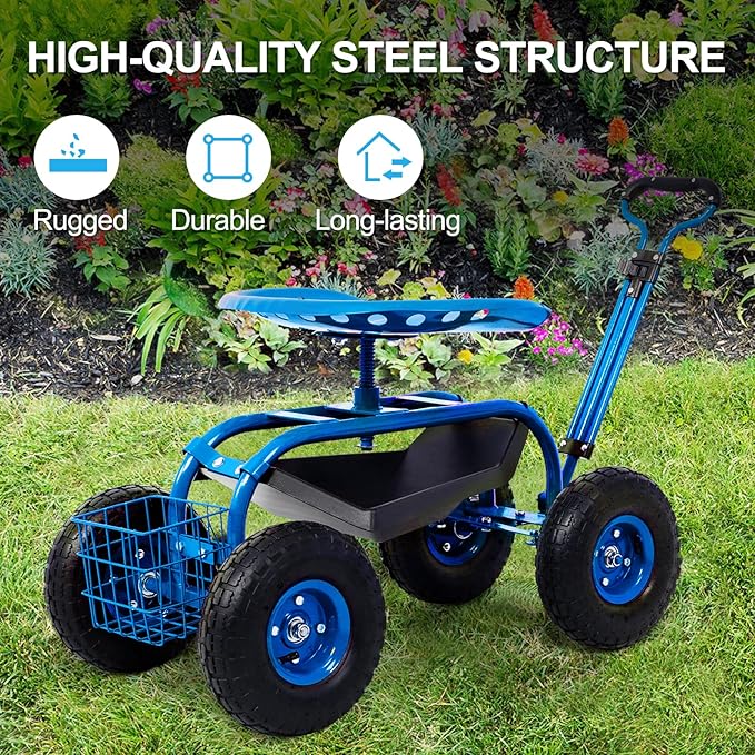Donext Garden Cart Outdoor Rolling Garden with Wheels 360 Degree Swivel Seat Wagon Scooter with Steering Handle &amp Utility Tool Tray Blue