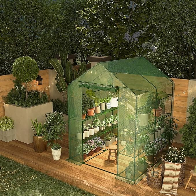 57x57x77 Inch Greenhouse for OutdoorPortable Walk in Greenhouses with Thicken PE CoverDurable Green House Kit with Window Vent 3 Tier 12 Shelves for Indoor Backyard Outside