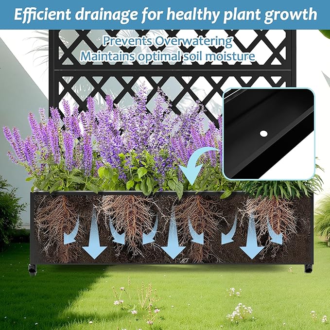 Metal Planter Box with Trellis &amp Wheels Raised Garden Bed with Privacy Screen Outdoor Standing Flower Beds with Drainage Hole for Climbing Plants Vine 35.4 L x 15.7 W x 70.9 H Black