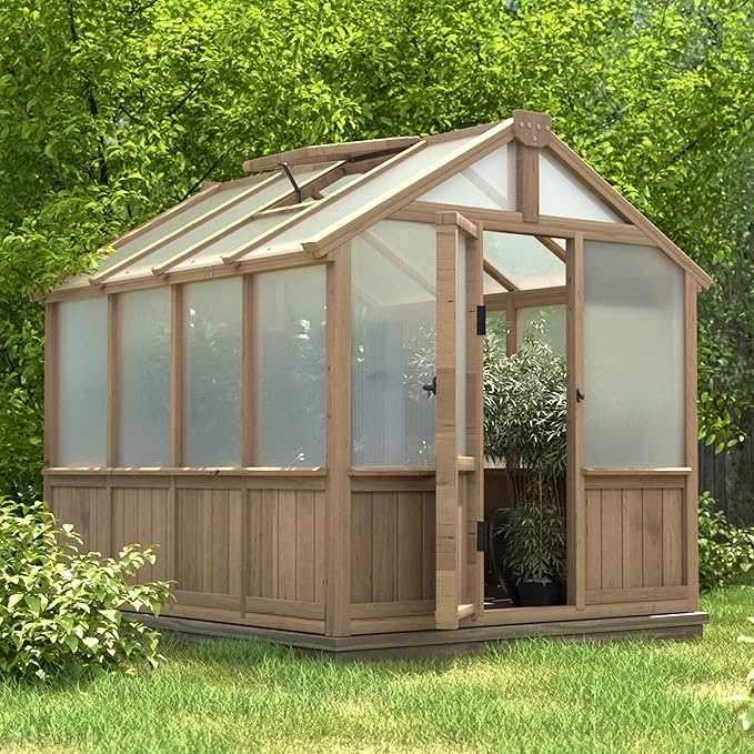 VEIKOU 6' x 8' Wooden Greenhouse for Outdoors with Cedar Frame 6MM Thick Polycarbonate Panel Green House with Adjustable Vent for Outside Garden Backyard Light Mocha Brown