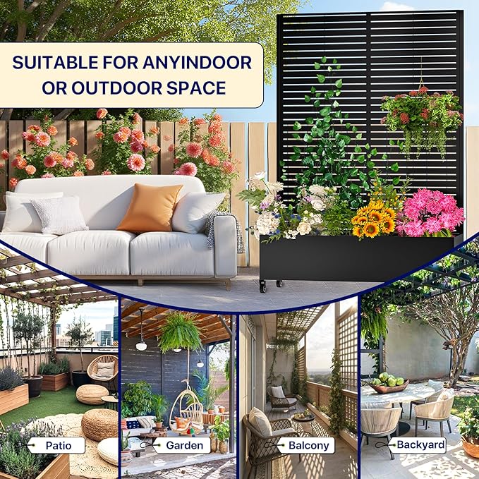 Metal Planter Box with Trellis72x47x16Galvanized Steel Outdoor Raised Garden Bed with Privacy Screenwith Drainage Holes &amp Lockable Casters for Climbing PlantsVegetablesand Vines(BYC)