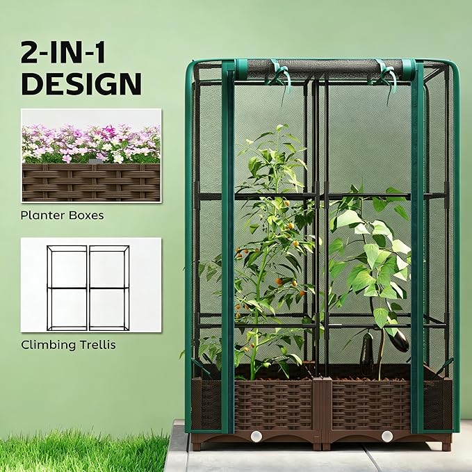 Modular Crop Cage &amp Raised Bed Combo Quick-Assemble Gardening System for Patio or Yard - Removable Cover Adjustable Height Plant Cage for Seasonal Use on a Versatile Garden Box (Green)