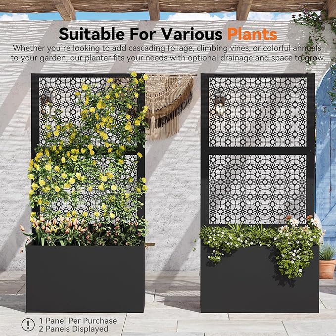 Modern Shade Metal Planter Box with Trellis Privacy Screen 4x6 FT Large Raised Garden Bed Multi-Functional Privacy Screen Outdoor with Drainage Holes for Climbing Plants Petal Weave