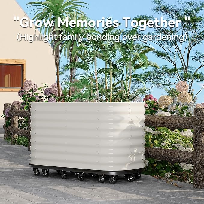 CABIHOME Galvanized Raised Garden Bed with Wheels &amp Water Reservoir Portable Rolling Elevated Raised Garden Bed for Outdoor &amp Indoor Self-Watering Planter Box for Vegetables &amp Herbs Whi