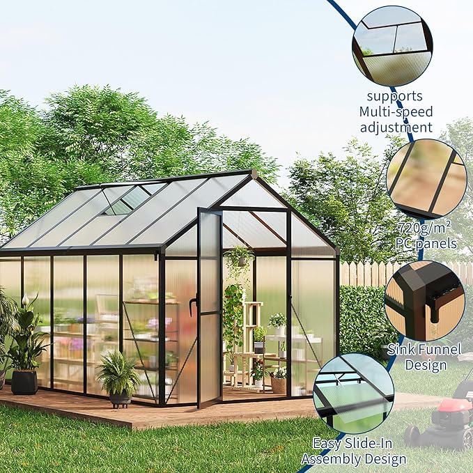 6 x 10 FT Greenhouse Outdoor Greenhouses Polycarbonate Panels with Aluminum Frame Adjustable Roof Vent and Lockable Door Green Houses for Outside Backyard Garden Patio