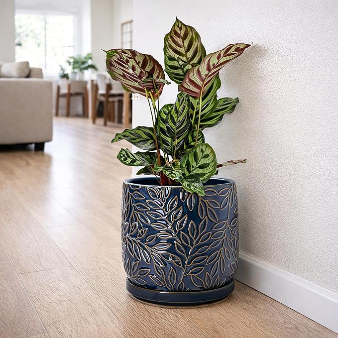 D'vine Dev 8 Inch Embossed Leaves Stoneware Planter Pot with Drainage Hole and Saucer Midnight Blue 27-A-Q-3
