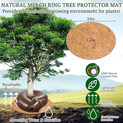 4 Set Tree Watering Ring 20gal Watering Bags with Coconut Fiber Mulch Ring – Deep Root and Slow Release Automatic Drip Irrigation System for New Trees Multi-Trunk Trees and Shrubs