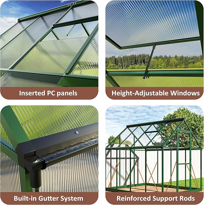 8x12 FT Greenhouse for Outdoors Quick Setup Polycarbonate Greenhouse with Roof Vent Aluminum Large Walk-in Green House for Outside Garden Backyard Green