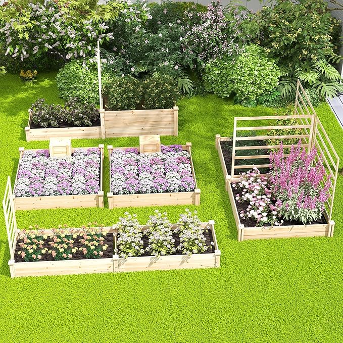 S AFSTAR Raised Garden Bed with Wood Composter 49 x 49 x 10 Open Base Fir Wood Garden Bed Outdoor Elevated Garden Box Raised Bed Above Ground Planter Box for Veggies Fruits Flowers Herbs