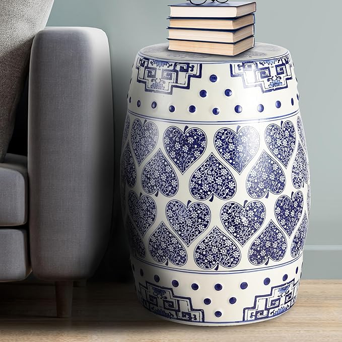 JONATHAN Y TBL1014A Happy Hearts 17.8 Chinoiserie Ceramic Drum Indoor/Outdoor Garden Stool Bohemian Coastal Cottage French Country Traditional Side Table Plant Stand Spill-Proof Blue/White