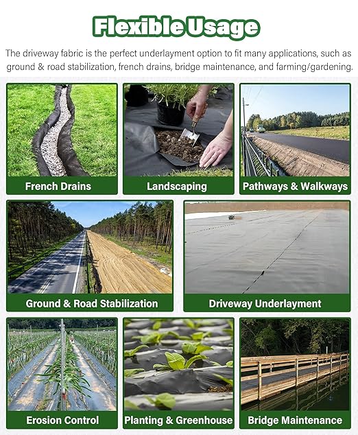 5oz Heavy Duty Non-Woven Geotextile Fabric for Drainage and Landscape-Durable Weed Barrier for Driveway Stabilization(Black1mx30m/3.3ftx98.4ft)