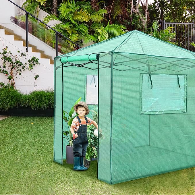 PexFix 6'x 5' Portable Walk-in Greenhouse Easy Setup Indoor/Outdoor 2 Roll-Up Mesh Windows Roll-Up Zipper Door Green