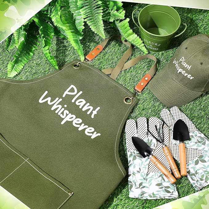 Tarpop Garden Tool Set Christmas Plant Whisperer Gardening Gifts for Women 7 Pcs Vegetable Planting Tool Kit Cap Canvas Apron Gloves Soil Scoop Transplant Trowel Cultivator Flower Tub(Green)