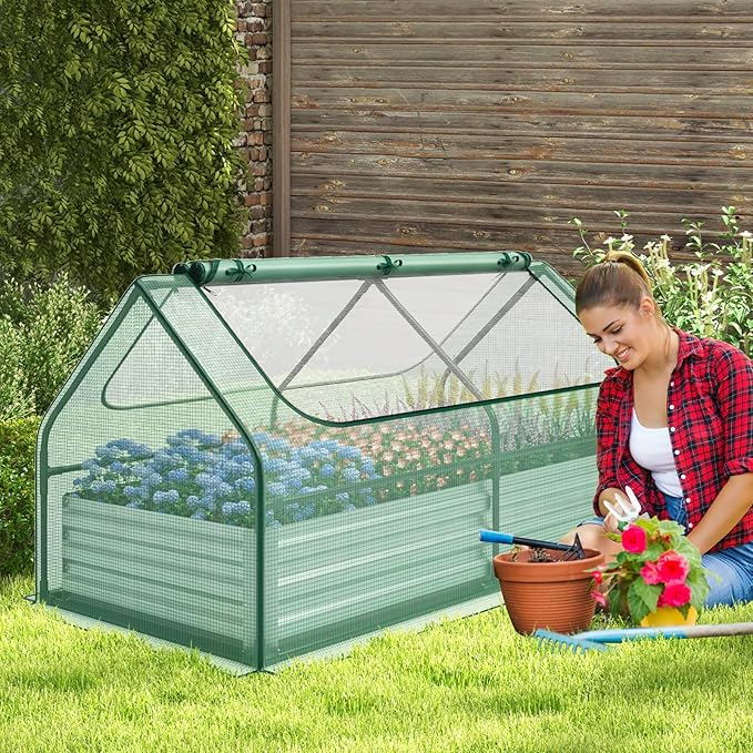 Giantex Galvanized Steel Raised Garden Bed with Mini Greenhouse Outdoor Metal Planter Box Kit with Large Roll-up Cover 71x 35.5x 36 Planter Raised Bed for Flower Vegetable Fruit (Green &amp Silv