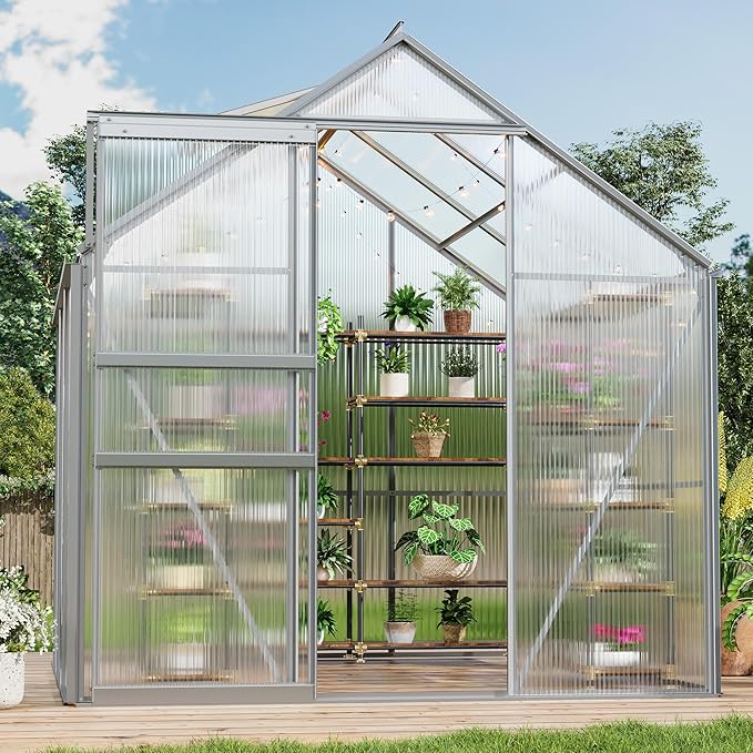 GarveeHome 6x6 FT Walk-in Greenhouse Large Polycarbonate Green House with Sliding Door &amp Adjustable Roof Vent Heavy-Duty Weatherproof Outdoor Greenhouse for Patio Backyard Garden