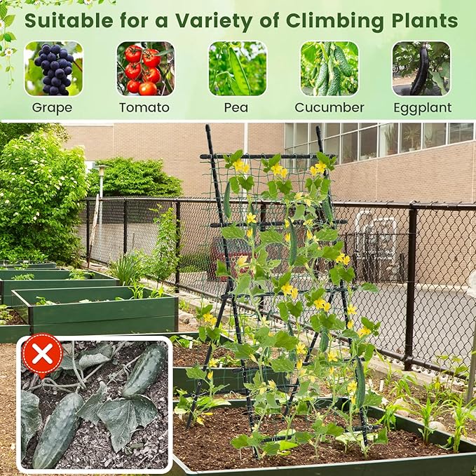 Giantex Cucumber Trellis Trellis for Climbing Plants Outdoor Garden Trellis w/Netting PE-Coated Metal Clips Plant Support for Flower Vine Grape Vegetable Fruit Adjustable Shape 31x 26x74