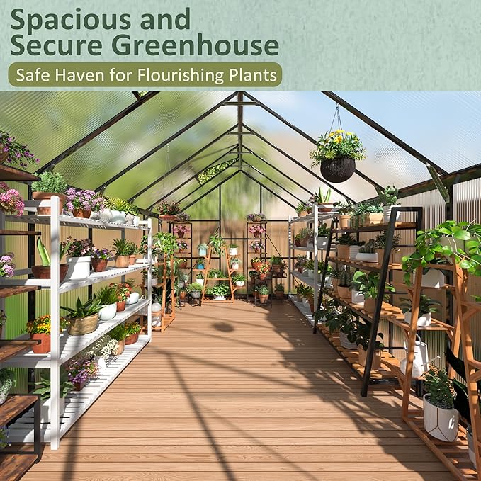 8x14 FT Green House for Outdoors Quick Setup Polycarbonate Greenhouse with Roof Vent Aluminum Large Walk-in Greenhouse for Outside Garden Backyard Black