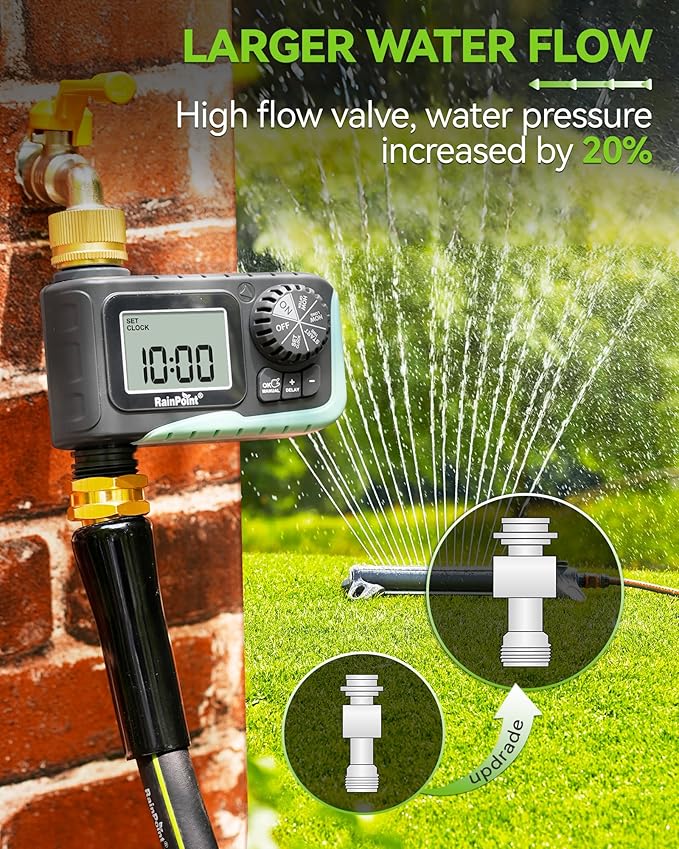 RAINPOINT Sprinkler Timer with Brass Swivel Programmable Water Timer for Garden Hose with Rain Delay/Manual Watering Digital Irrigation System Kit for Lawns 1 Outlet