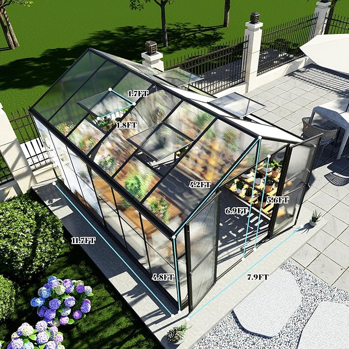 AMERLIFE 8x12x7FT Polycarbonate Greenhouse Walk in Greenhouse with Quick-Connect System Green House with 4 Vent Windows and Swing Lockable Door Greenhouses for Outdoors Sunroom Black