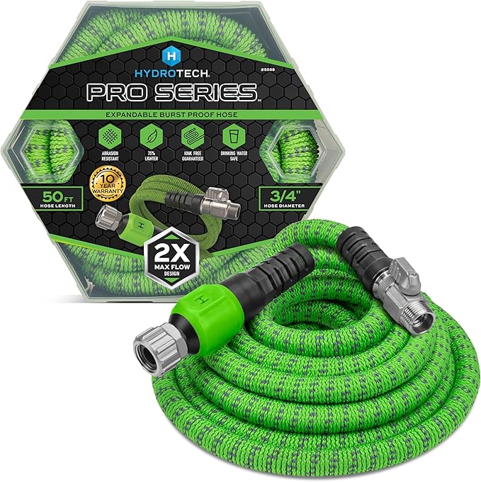 HydroTech 50 ft Expandable Garden Hose - Pro Series 2x Max Flow 3/4 No-Kink Flexibility Lightweight Hose for Lawn Garden Car Washing Deck and Patio Cleaning