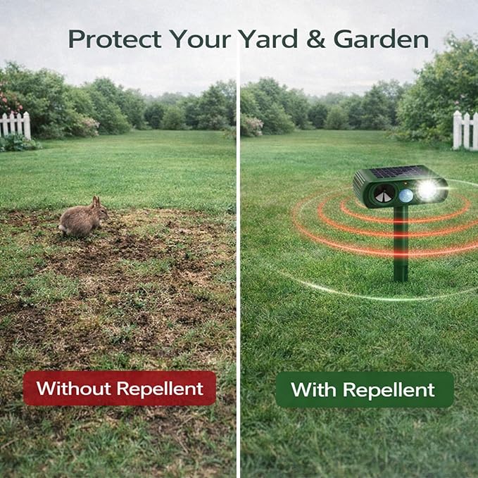 Solar Powered Animal Repellent Motion Sensor for Gardens - Ultrasonic Outdoor Animal Repeller with Adjustable Frequency &amp Waterproof Design - Deer Repellent Devices Protect Yard from Damage