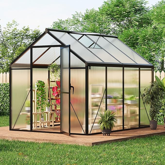 6x10 FT Greenhouse for Outdoors Polycarbonate Greenhouse with Roof Vent Ground Nails Lockable Hinged Door Aluminum Large Walk-in Green House for Outside Garden Backyard Patio Lawn Black