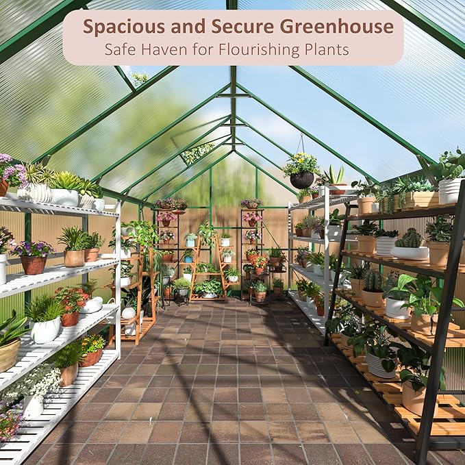 8×12 FT Walk-in Greenhouse for Outdoors Polycarbonate Greenhouse Kit with Roof Vent Large Heavy Duty Green Houses for Outside Backyard Patio Garden Green