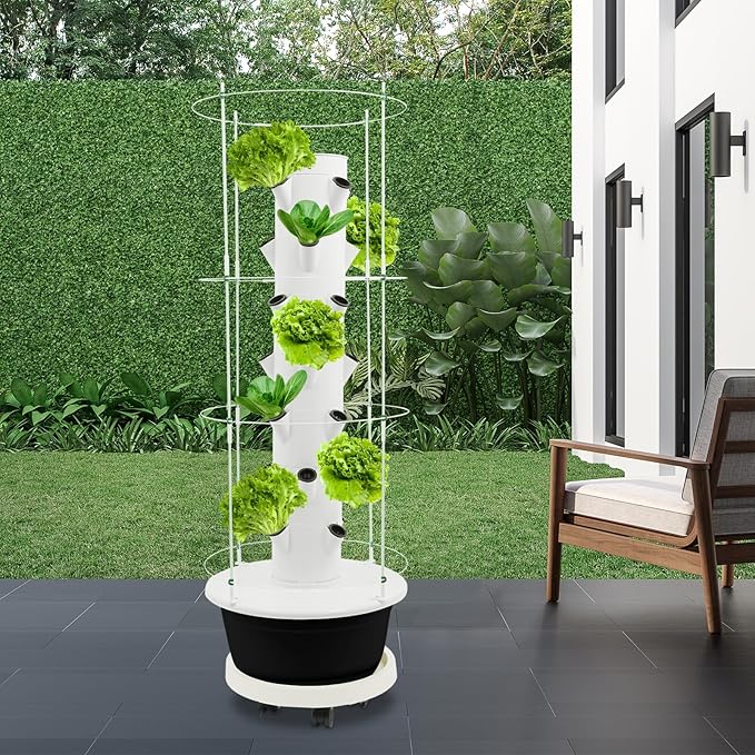 Hydroponic Growing Tower with Climbing Trellis 30L Water Tank &amp Automatic Timer Indoor Outdoor Vertical Garden System for Vegetables Herbs Strawberries (Black - 28 Holes)