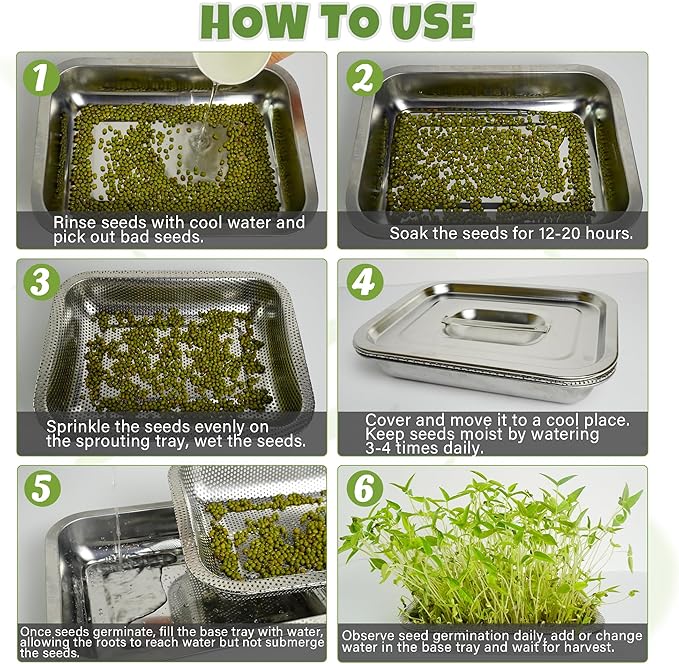 2 Pack Stainless Steel Seed Sprouter Trays 2-Tier Soil-Free Microgreens Growing Kit Sprouting Tray with Cover Lids &amp Mesh Pads for Sprouts Beans Alfalfa Wheatgrass