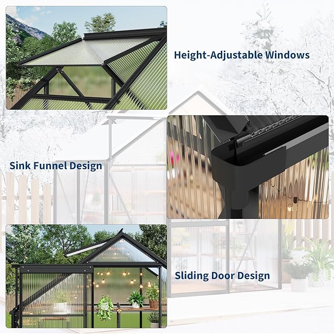 6x4FT Greenhouse for Outdoors Walk-in Polycarbonate Greenhouse with Sliding Door Adjustable Roof Vent &amp Gutter System Portable Outdoor Green House Kit for Winter Gardening