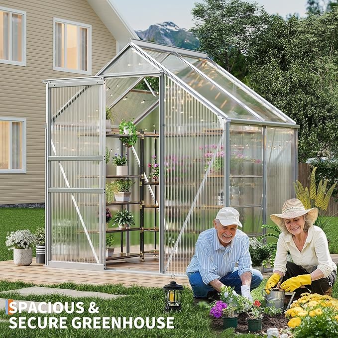 6x4FT Greenhouse for Outdoors Walk-in Polycarbonate Greenhouse with Sliding Door Adjustable Roof Vent &amp Gutter System Portable Outdoor Green House Kit for Winter Gardening