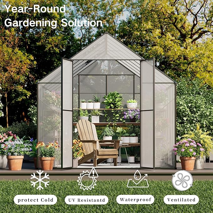 Kingdura 8x12ft Walk-in Greenhouse for Outdoors Large Polycarbonate Greenhouses with Heavy Duty Aluminum Frame Adjustable Roof Vent Lockable Door UV Protection for Outside Garden Backyard