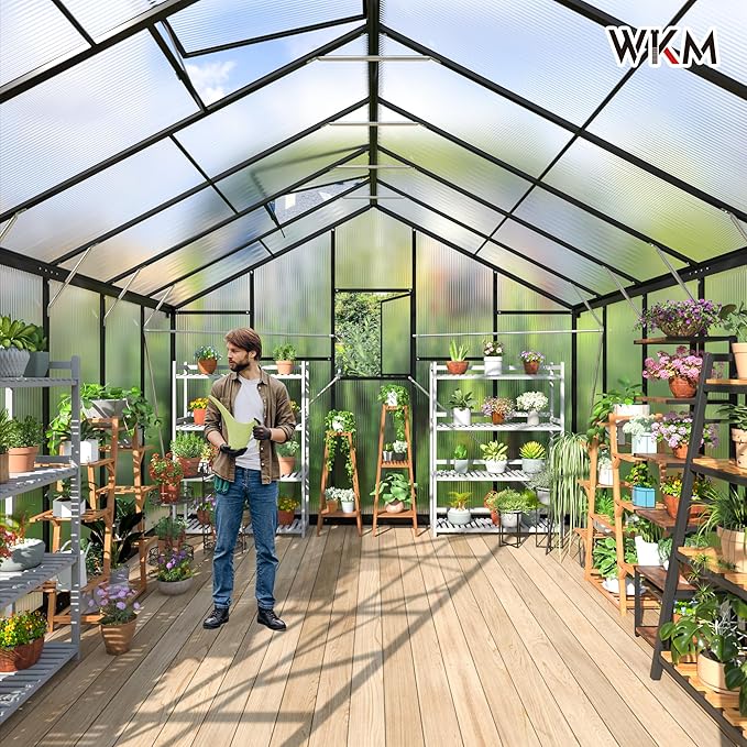 WKM 10x12 FT Greenhouse Enhanced Aluminum Frame Greenhouses for Outdoors Withstands Strong Wind or Snow Green House with Swing Door Green Houses for Outside Garden Backyard Black