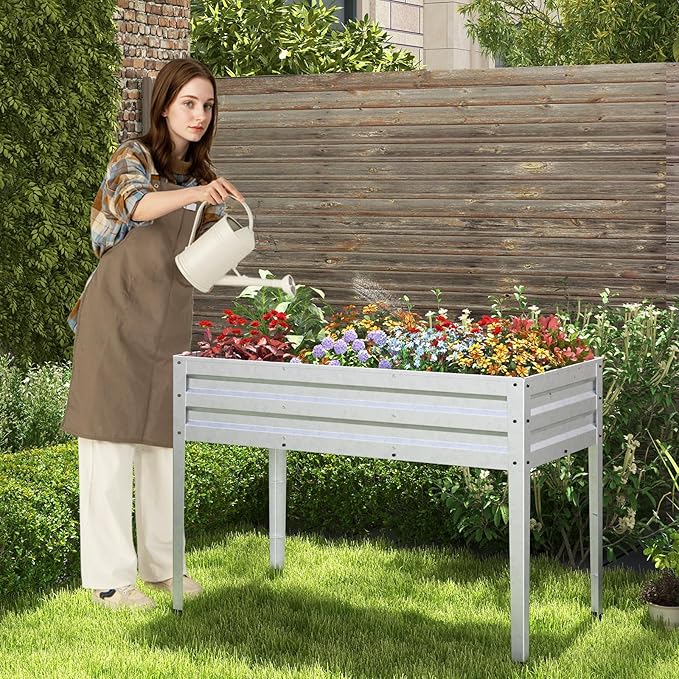 HAPPYGRILL Raised Garden Bed Galvanized Garden Box with Legs Drainage Holes 2 Gloves Outdoor Planter Box for Garden Backyard &amp Patio 46”x 24” x 32” Sliver