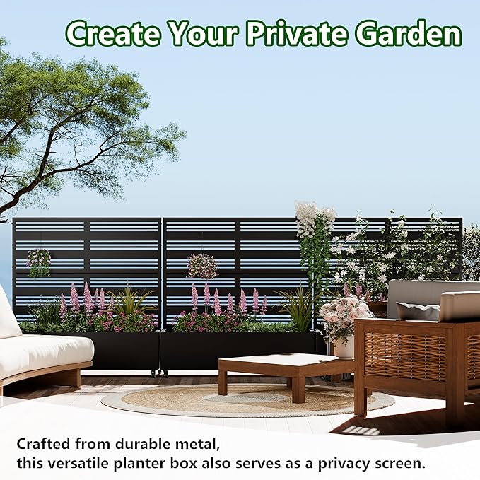 Casaphoria Raised Garden Bed Metal Planter Box with Trellis 47x47x16 for Outdoor Climbing Plants Flowers Vegetables and Vines Privacy Screen with Wheels and Drainage Holes(Black Louvered)