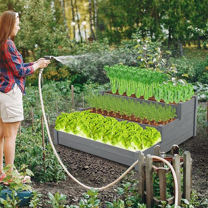 GERRIT 48.6 x 48.6 x 21inch 3 Tier Raised Garden Bed Horticulture Outdoor Elevated Flower Box Wooden Tiered Garden Bed Vegetables Growing Planter for Backyard/Patio/Gardener (Grey)