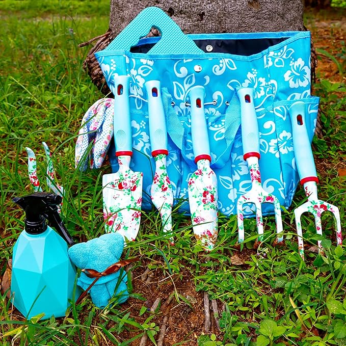 JUMPHIGH Womens Gardening Gifts Set - Floral Gardening Tools with Tote Bag - Gifts for Mom Girlfriend or Women - Birthday Christmas (Blue)