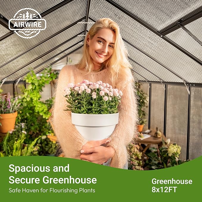 8x12 FT Greenhouse for Outdoors Quick Setup Polycarbonate Greenhouse with Roof Vent Aluminum Large Walk-in Green House for Outside Garden Backyard Black