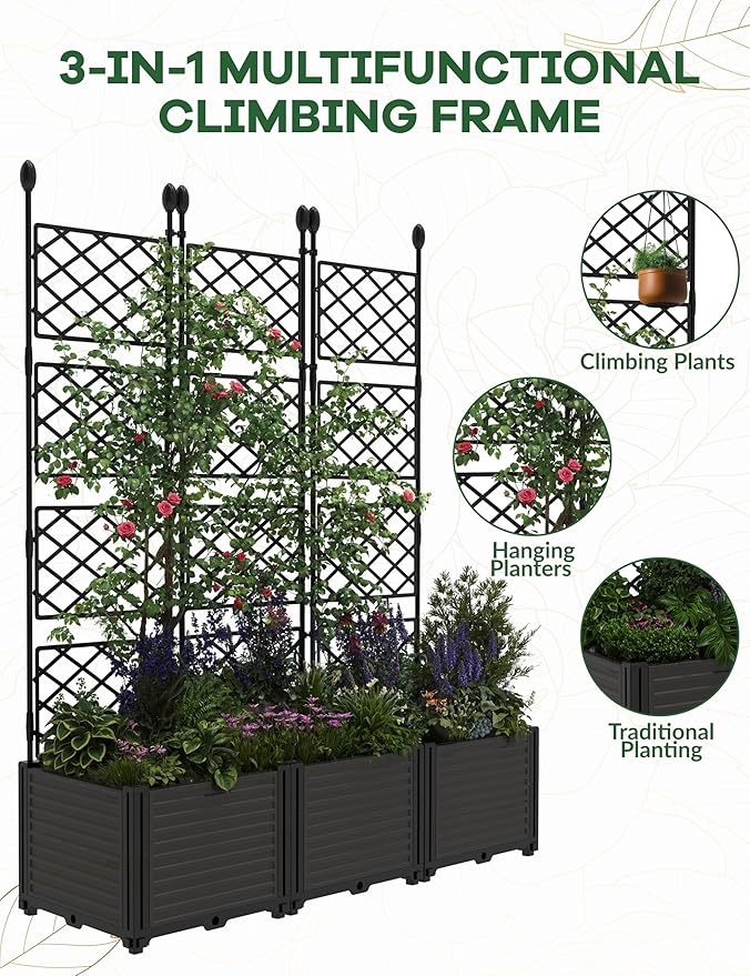 3PCS Modular Raised Garden Bed Planter Box Kit with Metal Trellis – Vertical Garden Lattice for Climbing Plants Vegetables Flowers – Outdoor Patio Privacy Screen for Balcony Deck Small Spaces –