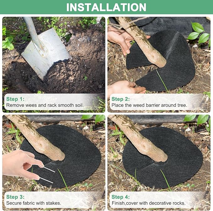 4-Pack Non-Woven Tree Mulch Ring 20.5 Inch Reusable Tree Protector Mat W 16 Garden Stakes for Landscape Control Plant Root Protection Tree Ring Weed Fabric Cover [Black]