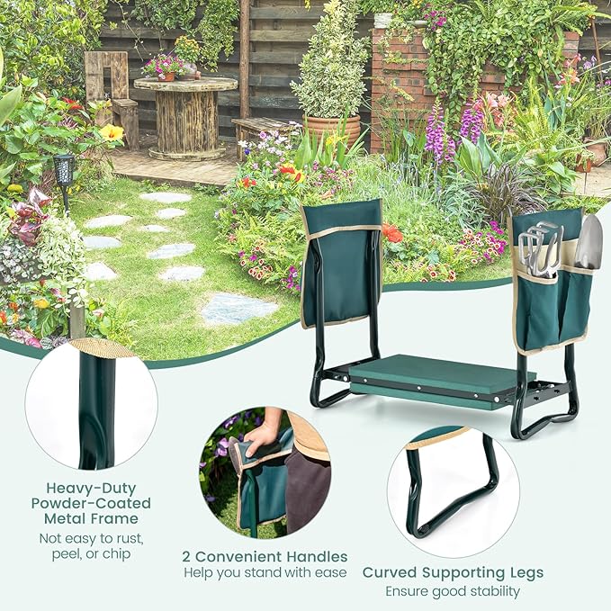 Nightcore Garden Kneeler and Seat Foldable Kneeling Bench with EVA Foam Pad Portable Garden Stool with 2 Large Tool Bags &amp Heavy-Duty Metal Frame Suitable for Gardening Fishing Camping