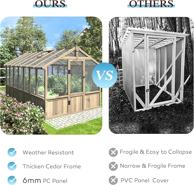 VEIKOU 8x14 FT Greenhouses for Outdoors Walk-in Wooden Greenhouse with Cedar Frame &amp Adjustable Vents Garden Green House with 6MM Thick Polycarbonate Panel for Outside Backyard Light Brown Moc