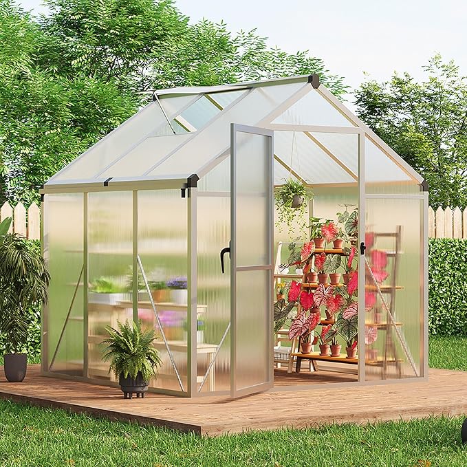 6x6 FT Outdoor Greenhouses Accessible Greenhouses with Roof Vents and Sliding Doors Aluminum Frame Polycarbonate Material Large Greenhouse for Outdoor Gardens and Backyards