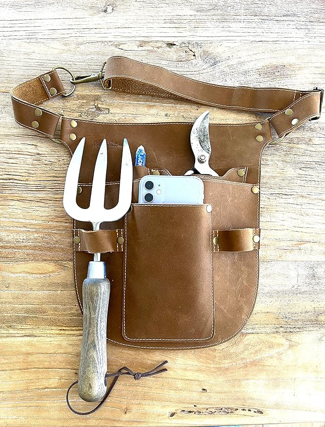 Rubys Collection™ Leather Garden Tool Belt- Gardening holster with pockets &amp Adjustable Waist Strap. Florist tool belt Leather Utility Belt &amp Women’s Garden Tool Pouch