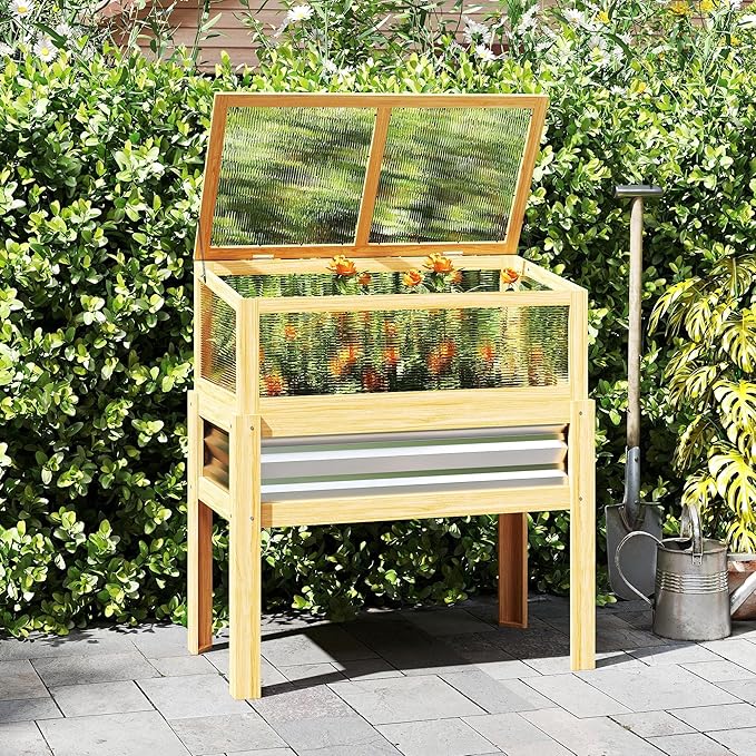 Outsunny Wooden Raised Garden Bed with Detachable Greenhouse Top Raised Garden Bed with Legs and Bed Liner Elevated Planter Box for Flowers Vegetables Herbs Natural